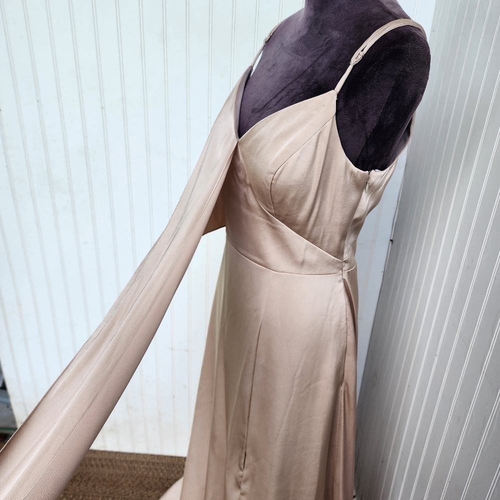 AW Bridal Satin Tank Straps Dress  Champagne Formal Front Slit Size 10 - Picture 5 of 13